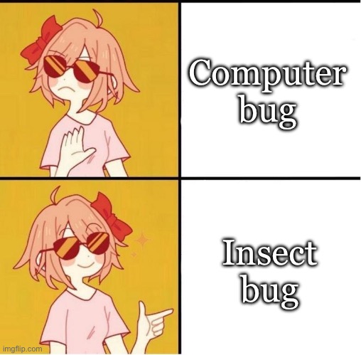 Bugs | Computer bug; Insect bug | image tagged in sayori drake,bug,computer virus,insects | made w/ Imgflip meme maker