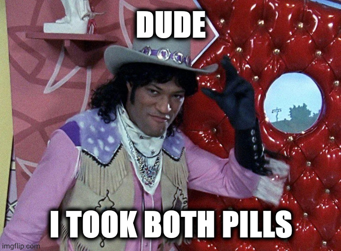 cowborpheus | DUDE; I TOOK BOTH PILLS | image tagged in memes | made w/ Imgflip meme maker