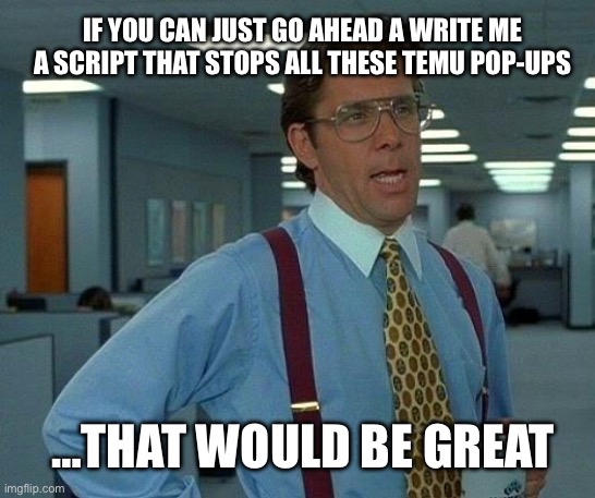 Coder Woes: TEMU ads | IF YOU CAN JUST GO AHEAD A WRITE ME A SCRIPT THAT STOPS ALL THESE TEMU POP-UPS; …THAT WOULD BE GREAT | image tagged in that would be great,office space bill lumbergh,office space,bill lumbergh,lumbergh,coding | made w/ Imgflip meme maker