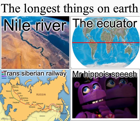 Blank Comic Panel 2x2 | The longest things on earth; Nile river; The ecuator; Trans siberian railway; Mr hippo’s speech | image tagged in memes,mr hippo,fnaf,funny,ultimate custom night,long | made w/ Imgflip meme maker