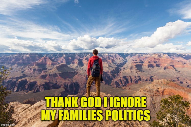 echo chamber | THANK GOD I IGNORE MY FAMILIES POLITICS | image tagged in echo chamber | made w/ Imgflip meme maker