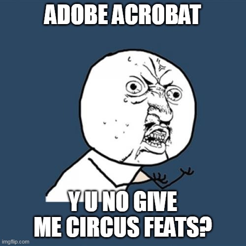 Y U No | ADOBE ACROBAT; Y U NO GIVE ME CIRCUS FEATS? | image tagged in memes,y u no,meme,funny | made w/ Imgflip meme maker