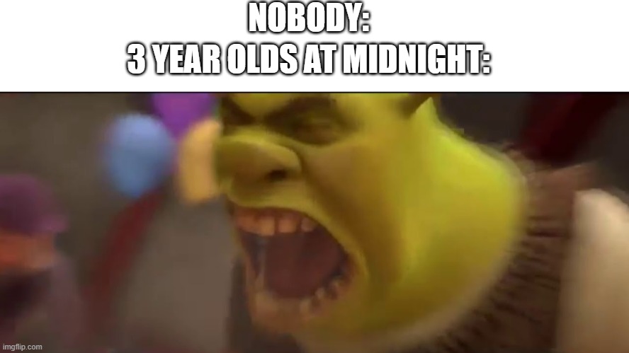 Why is it so true | NOBODY:; 3 YEAR OLDS AT MIDNIGHT: | image tagged in shrek screaming,toddler,screaming,midnight | made w/ Imgflip meme maker