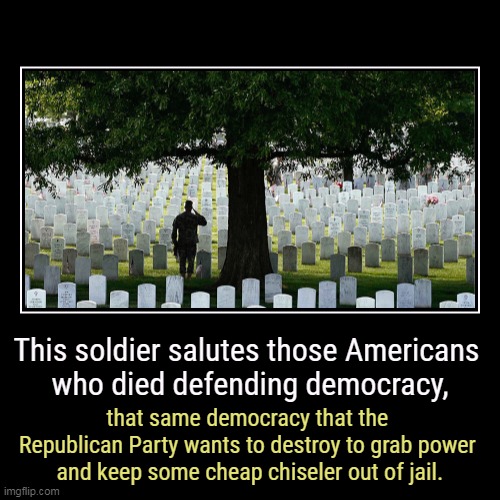 This soldier salutes those Americans 
who died defending democracy, | that same democracy that the 
Republican Party wants to destroy to gra | image tagged in funny,demotivationals,memorial day,american,democracy,destroy | made w/ Imgflip demotivational maker