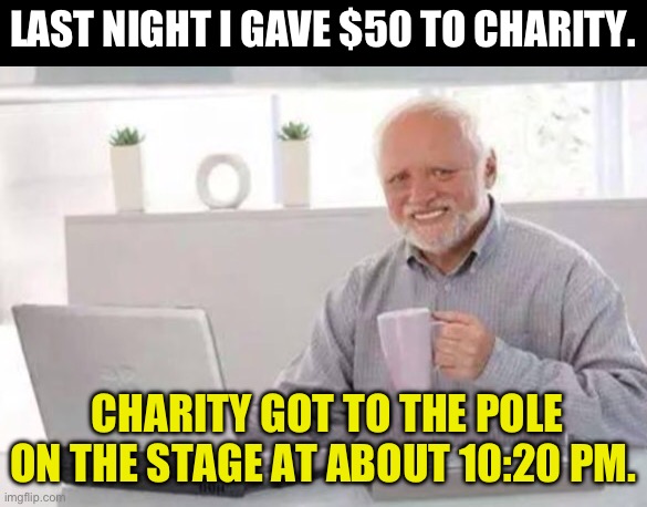 Charity | LAST NIGHT I GAVE $50 TO CHARITY. CHARITY GOT TO THE POLE ON THE STAGE AT ABOUT 10:20 PM. | image tagged in harold | made w/ Imgflip meme maker