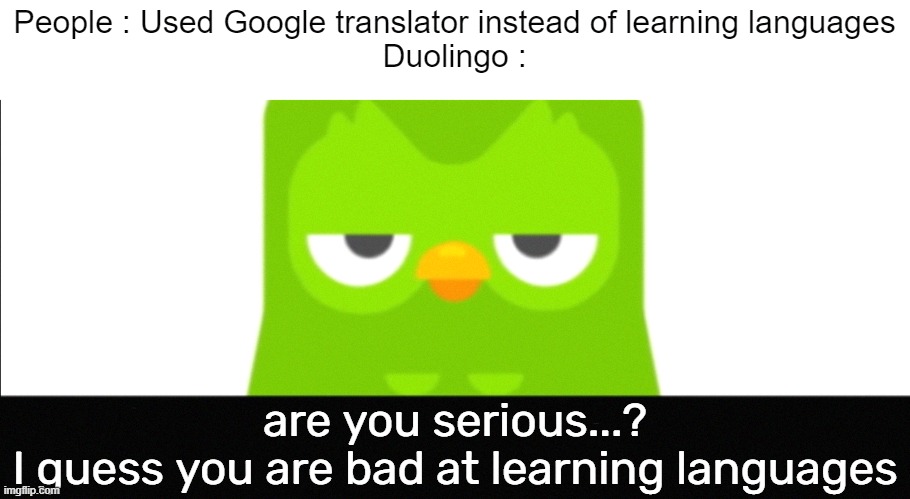 Duolingo was unimpressed because of you bro | People : Used Google translator instead of learning languages
Duolingo :; are you serious...?
I guess you are bad at learning languages | image tagged in duolingo was unimpressed,duolingo,bruh moment,memes,funny memes | made w/ Imgflip meme maker