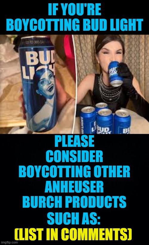 Hoping To Help Your Beer Selection | IF YOU'RE BOYCOTTING BUD LIGHT; PLEASE CONSIDER BOYCOTTING OTHER ANHEUSER BURCH PRODUCTS; SUCH AS:; (LIST IN COMMENTS) | image tagged in bud light,memes,politics,boycott,more,beers | made w/ Imgflip meme maker