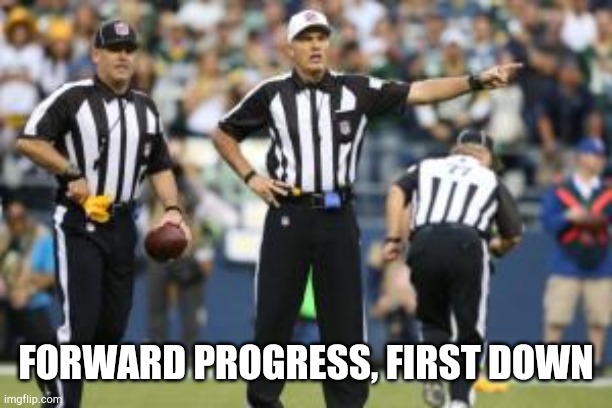 nfl referee  | FORWARD PROGRESS, FIRST DOWN | image tagged in nfl referee | made w/ Imgflip meme maker