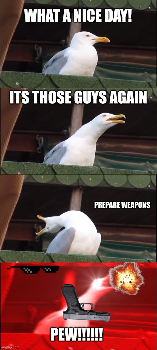 ATTACK!!!!!!!!!!!! | WHAT A NICE DAY! ITS THOSE GUYS AGAIN; PREPARE WEAPONS; PEW!!!!!! | image tagged in memes,inhaling seagull | made w/ Imgflip meme maker