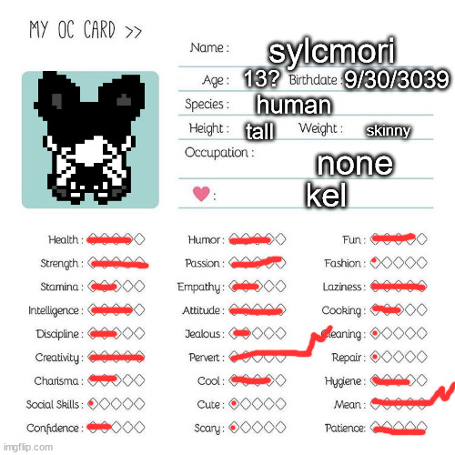 piss | sylcmori; 13? 9/30/3039; human; tall; skinny; none; kel | image tagged in oc card template | made w/ Imgflip meme maker