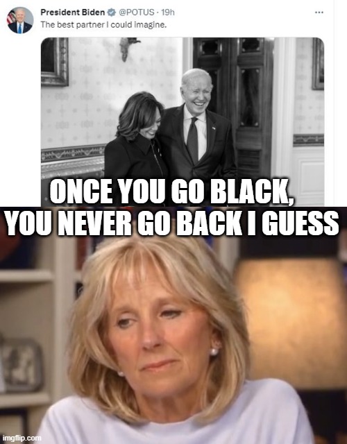 Poor Jill | ONCE YOU GO BLACK, YOU NEVER GO BACK I GUESS | image tagged in jill biden meme | made w/ Imgflip meme maker