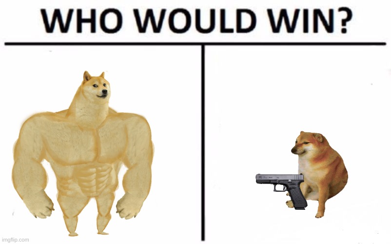 Buff doge vs. Cheems doge with gun | image tagged in memes,who would win,buff doge vs cheems,guns,gun,funny | made w/ Imgflip meme maker