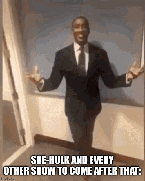 smiling black guy in suit | SHE-HULK AND EVERY OTHER SHOW TO COME AFTER THAT: | image tagged in smiling black guy in suit | made w/ Imgflip meme maker