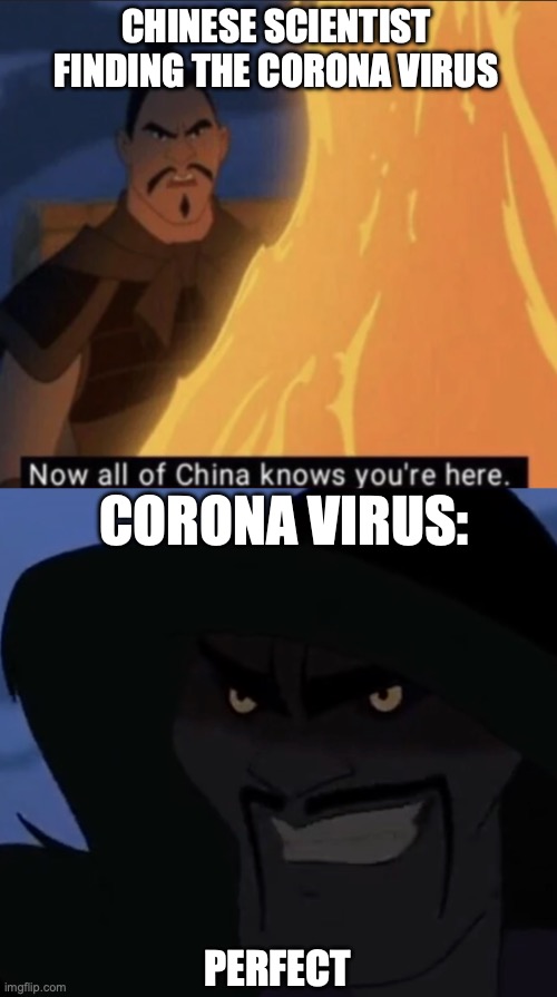 Covid | CHINESE SCIENTIST FINDING THE CORONA VIRUS; CORONA VIRUS:; PERFECT | image tagged in covid-19 | made w/ Imgflip meme maker