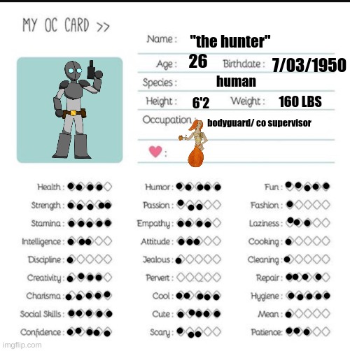thought i would make one for him | "the hunter"; 26; 7/03/1950; human; 160 LBS; 6'2; bodyguard/ co supervisor | image tagged in my oc card | made w/ Imgflip meme maker