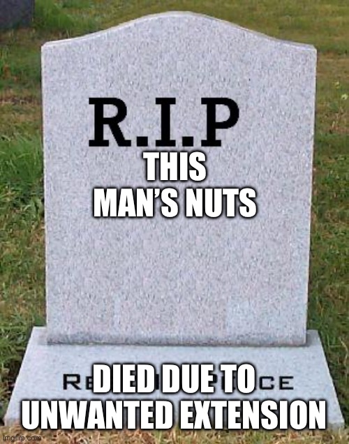 RIP headstone | THIS MAN’S NUTS DIED DUE TO UNWANTED EXTENSION | image tagged in rip headstone | made w/ Imgflip meme maker