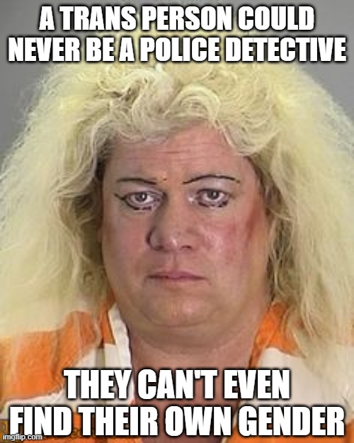 No Find | A TRANS PERSON COULD NEVER BE A POLICE DETECTIVE; THEY CAN'T EVEN FIND THEIR OWN GENDER | image tagged in ugly man woman wig | made w/ Imgflip meme maker