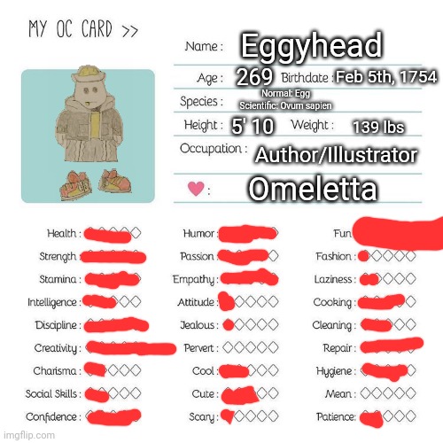 Eggy is very smart when it comes to battles, science, and building things, but is lacking in social skills. | Eggyhead; 269; Feb 5th, 1754; Normal: Egg
Scientific: Ovum sapien; 5' 10; 139 lbs; Author/Illustrator; Omeletta | image tagged in oc card template | made w/ Imgflip meme maker