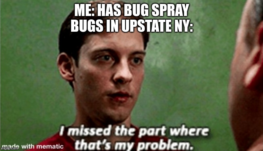 Tobey i missed the part where that's my problem | ME: HAS BUG SPRAY
BUGS IN UPSTATE NY: | image tagged in tobey i missed the part where that's my problem | made w/ Imgflip meme maker