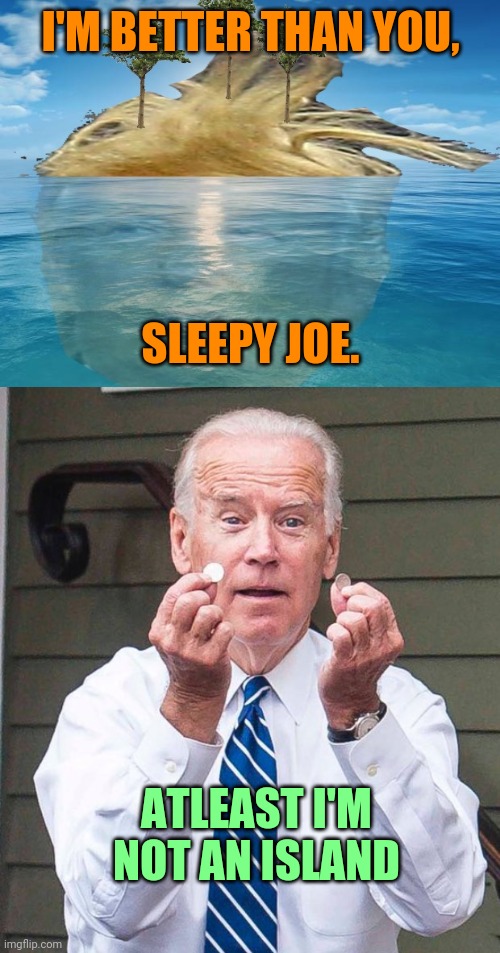 Biden roasts Trump | I'M BETTER THAN YOU, SLEEPY JOE. ATLEAST I'M NOT AN ISLAND | image tagged in donald trump,joe biden,political meme,island,funny,roasted | made w/ Imgflip meme maker