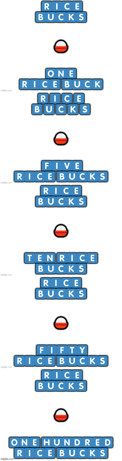 Rice Bucks, my new currency | image tagged in 1 rice buck,5 rice bucks,10 rice bucks,50 rice bucks,100 rice bucks | made w/ Imgflip meme maker