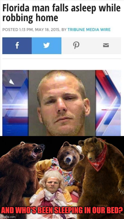 Florida man and the three bears | AND WHO'S BEEN SLEEPING IN OUR BED? | image tagged in goldilocks,florida man,three,bears,florida,fairy tail | made w/ Imgflip meme maker