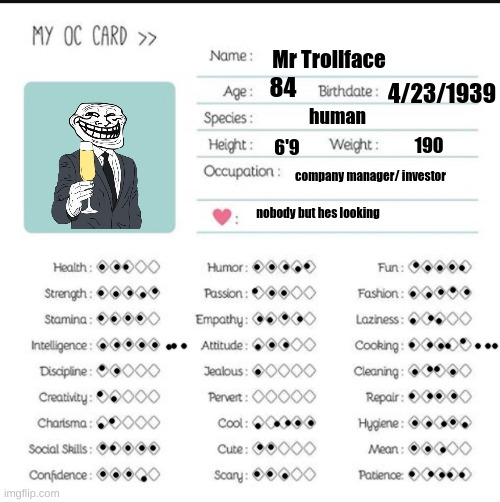 might aswell make one for Mr Trollface too! | Mr Trollface; 84; 4/23/1939; human; 190; 6'9; company manager/ investor; nobody but hes looking | image tagged in my oc card | made w/ Imgflip meme maker