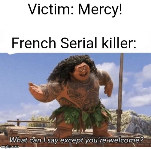 youre welcome | Victim: Mercy! French Serial killer: | image tagged in youre welcome | made w/ Imgflip meme maker