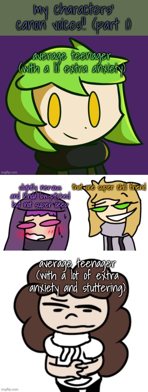 there's gonna be a lot of these | my characters' canon voices!! (part 1); average teenager (with a lil extra anxiety); that one super chill friend; slightly nervous and kinda low-pitched but not super deep; average teenager (with a lot of extra anxiety and stuttering) | made w/ Imgflip meme maker