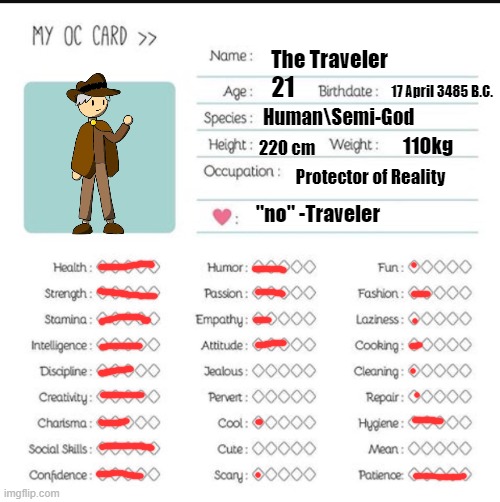 Might as well | The Traveler; 21; 17 April 3485 B.C. Human\Semi-God; 110kg; 220 cm; Protector of Reality; "no" -Traveler | image tagged in my oc card | made w/ Imgflip meme maker