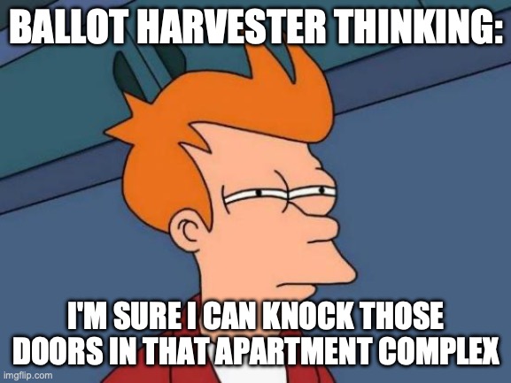 Futurama Fry | BALLOT HARVESTER THINKING:; I'M SURE I CAN KNOCK THOSE DOORS IN THAT APARTMENT COMPLEX | image tagged in memes,futurama fry | made w/ Imgflip meme maker