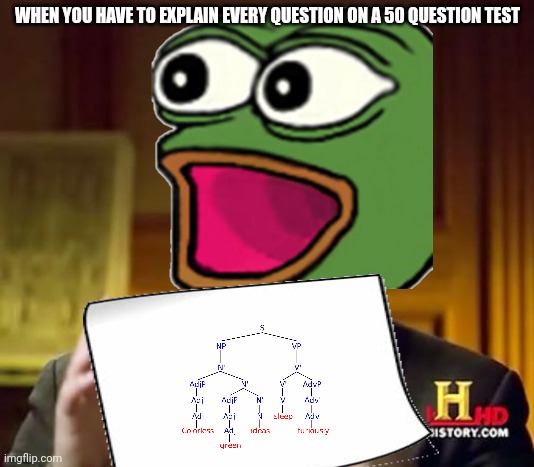 My gosh | WHEN YOU HAVE TO EXPLAIN EVERY QUESTION ON A 50 QUESTION TEST | image tagged in test,pepe the frog | made w/ Imgflip meme maker
