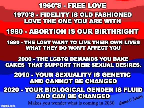 Free Love Aint Free | 1960'S - FREE LOVE; 1970'S - FIDELITY IS OLD FASHIONED
LOVE THE ONE YOU ARE WITH; 1980 - ABORTION IS OUR BIRTHRIGHT; 1990 - THE LGBT WANT TO LIVE THEIR OWN LIVES
WHAT THEY DO WON'T AFFECT YOU; 2000 - THE LGBTQ DEMANDS YOU BAKE CAKES  THAT SUPPORT THEIR SEXUAL DESIRES. 2010 - YOUR SEXUALITY IS GENETIC 
AND CANNOT BE CHANGED; 2020 - YOUR BIOLOGICAL GENDER IS FLUID
AND CAN BE CHANGED; Bruce C Linder; Makes you wonder what is coming in 2030 | image tagged in free love,abortion,lgbtq,genetic sexuality,fluid genetics,a long con | made w/ Imgflip meme maker