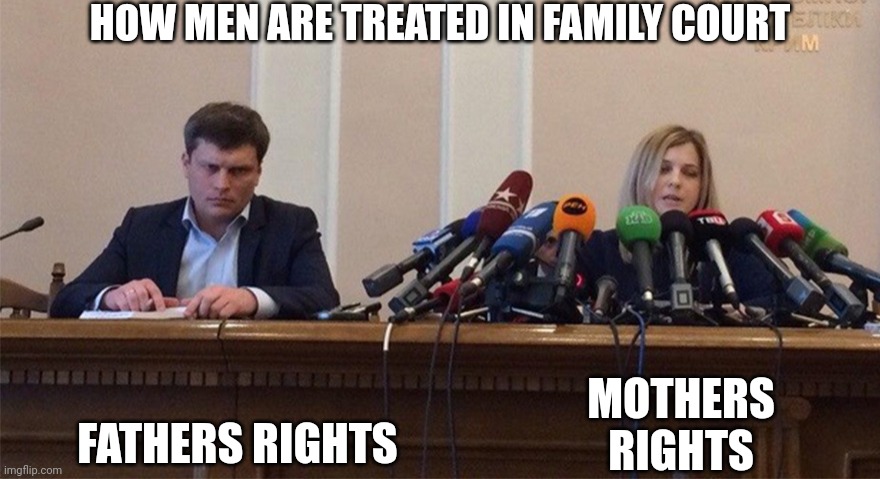 Family Court | HOW MEN ARE TREATED IN FAMILY COURT; FATHERS RIGHTS; MOTHERS RIGHTS | image tagged in man and woman microphone,father,dads,equality,equal rights,fathers | made w/ Imgflip meme maker