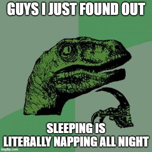 stole this from undertale | GUYS I JUST FOUND OUT; SLEEPING IS LITERALLY NAPPING ALL NIGHT | image tagged in memes,philosoraptor | made w/ Imgflip meme maker
