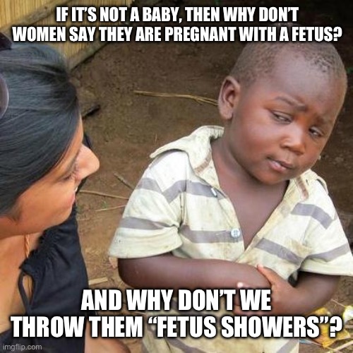 Don’t get me started on gender reveal parties. | IF IT’S NOT A BABY, THEN WHY DON’T WOMEN SAY THEY ARE PREGNANT WITH A FETUS? AND WHY DON’T WE THROW THEM “FETUS SHOWERS”? | image tagged in memes,third world skeptical kid | made w/ Imgflip meme maker