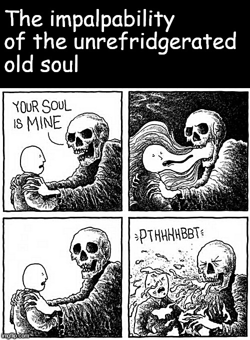 Keeping one's soul | The impalpability 
of the unrefridgerated 
old soul | image tagged in memes,dark humor | made w/ Imgflip meme maker