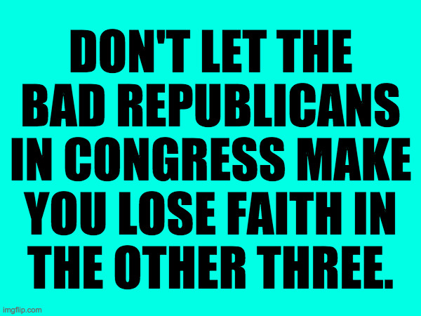 This is just my opinion, of course. | DON'T LET THE
BAD REPUBLICANS
IN CONGRESS MAKE
YOU LOSE FAITH IN
THE OTHER THREE. | image tagged in memes,republicans | made w/ Imgflip meme maker