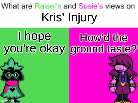 Ralsei and Susie | Kris' Injury; How'd the ground taste? I hope you're okay | image tagged in ralsei and susie | made w/ Imgflip meme maker