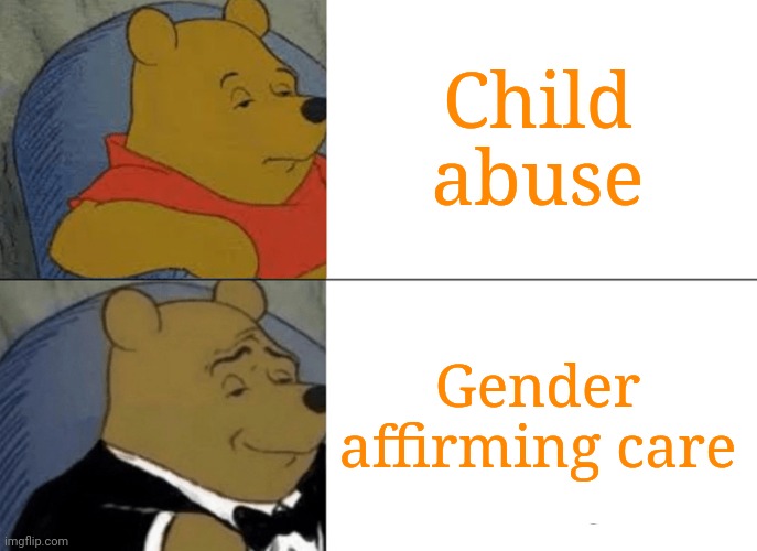 Tuxedo Winnie The Pooh Meme | Child abuse Gender affirming care | image tagged in memes,tuxedo winnie the pooh | made w/ Imgflip meme maker