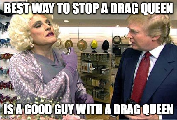 drag queen | BEST WAY TO STOP A DRAG QUEEN; IS A GOOD GUY WITH A DRAG QUEEN | image tagged in trump rudy giuliana drag queen transvestite gay,trump | made w/ Imgflip meme maker