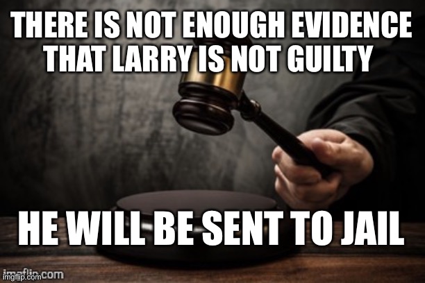 Court | THERE IS NOT ENOUGH EVIDENCE THAT LARRY IS NOT GUILTY; HE WILL BE SENT TO JAIL | image tagged in court | made w/ Imgflip meme maker