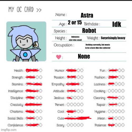 Gonna make some for my other characters soon | Astra; 2 or 15; Idk; Robot; Surprisingly heavy; Inkmatas size (she smol); Nothing currently, but wants to be a hero like the collector; None | made w/ Imgflip meme maker
