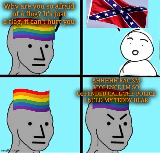 Scumbag Democrats | Why are you so afraid of a flag? It's just a flag, it can't hurt you; AHHHHH RACISM VIOLENCE I'M SO OFFENDED CALL THE POLICE I NEED MY TEDDY BEAR | image tagged in npc meme,scumbag democrats,gay pride flag,bud light | made w/ Imgflip meme maker