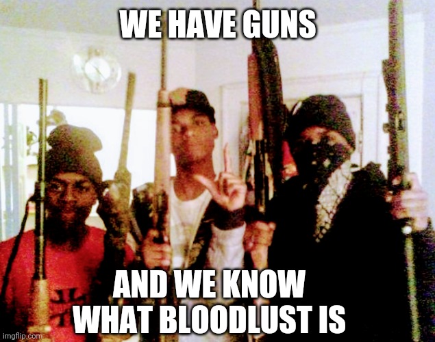 WE HAVE GUNS AND WE KNOW WHAT BLOODLUST IS | made w/ Imgflip meme maker