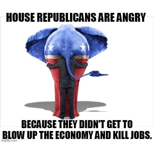 What fun is that? | HOUSE REPUBLICANS ARE ANGRY; BECAUSE THEY DIDN'T GET TO BLOW UP THE ECONOMY AND KILL JOBS. | image tagged in congress,house,republicans,angry,morons | made w/ Imgflip meme maker