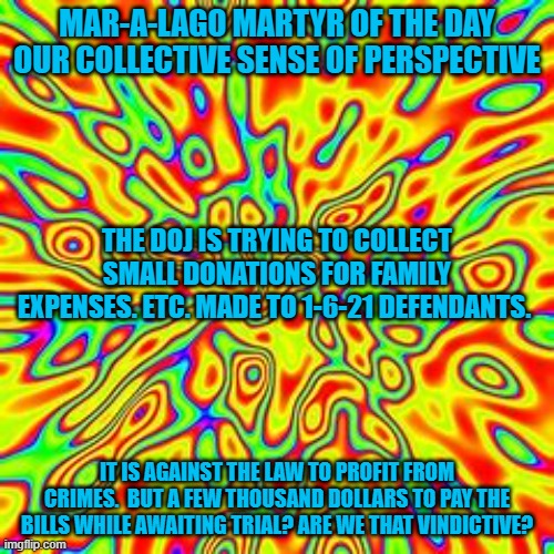 President Biden: Have a heart.  Tell the DOJ to "Stand Down," in these cases. | MAR-A-LAGO MARTYR OF THE DAY
OUR COLLECTIVE SENSE OF PERSPECTIVE; THE DOJ IS TRYING TO COLLECT SMALL DONATIONS FOR FAMILY EXPENSES. ETC. MADE TO 1-6-21 DEFENDANTS. IT IS AGAINST THE LAW TO PROFIT FROM CRIMES.  BUT A FEW THOUSAND DOLLARS TO PAY THE BILLS WHILE AWAITING TRIAL? ARE WE THAT VINDICTIVE? | image tagged in politics | made w/ Imgflip meme maker