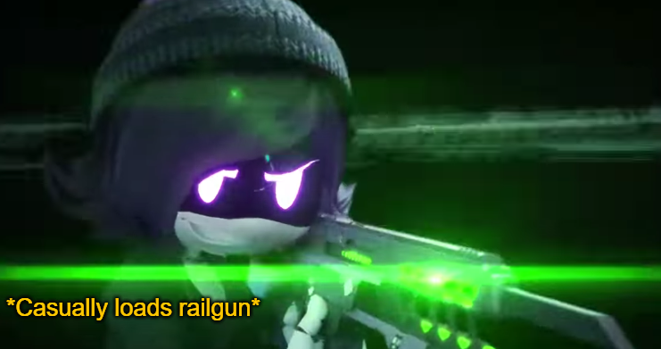 Uzi casually loading a railgun Blank Meme Template