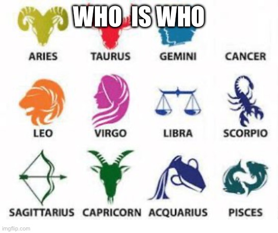 Zodiac Signs | WHO  IS WHO | image tagged in zodiac signs | made w/ Imgflip meme maker