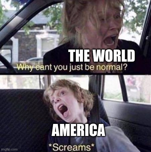 Why Can't You Just Be Normal | THE WORLD; AMERICA | image tagged in why can't you just be normal | made w/ Imgflip meme maker
